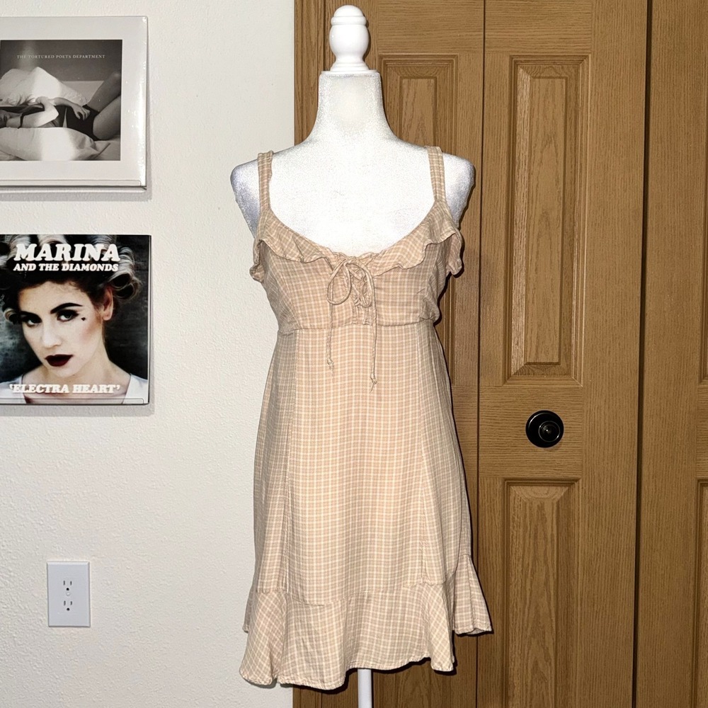 American Eagle Outfitters Mini Dress Womens XS Beige Gingham Smocked Front Tie